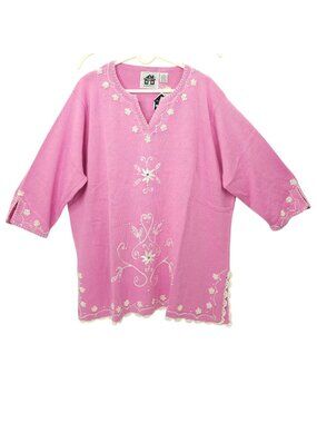 Storybook Knits Sweater Tunic Size 3X Pink Embroidered Floral Beaded Cottagecore